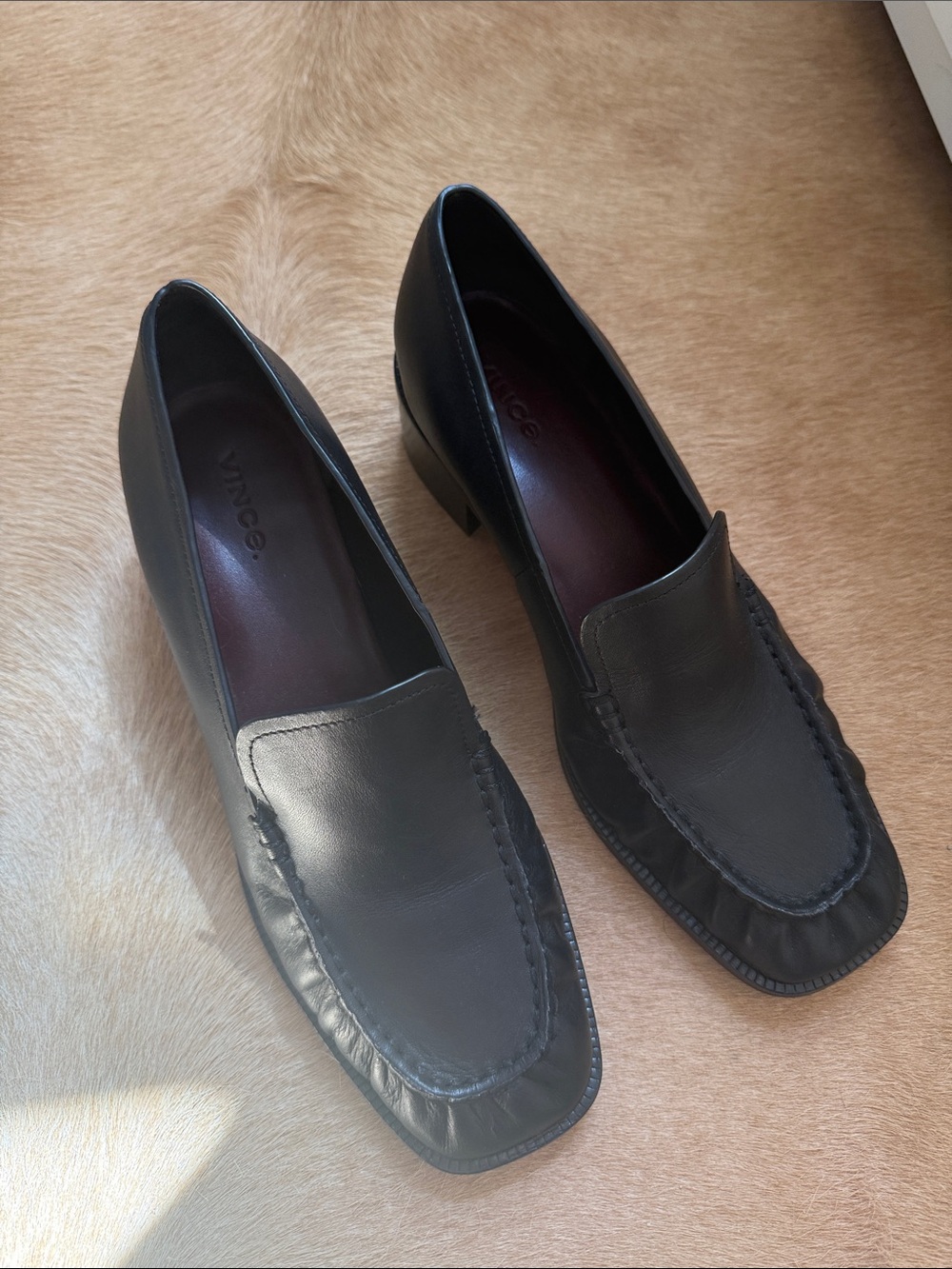Vince Black Leather Square-Toe Loafers with Low Heel